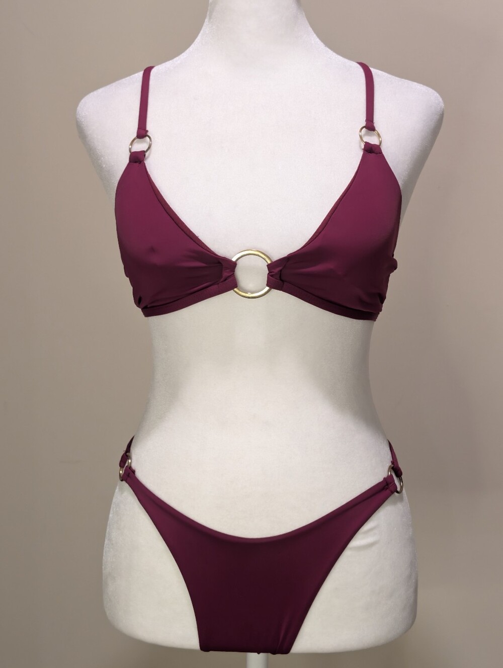 Matte Collection Wine  Ring-Detail Bikini Set with High Leg Bottoms